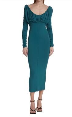 TOVE Riley Ruched Jersey Midi Dress Teal Dark Green Romantic Minimalism Regency